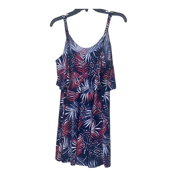 Women Express Red White Navy Palm Print/Tropical Summer Mini Dress Sz M - Picture 4 of 15